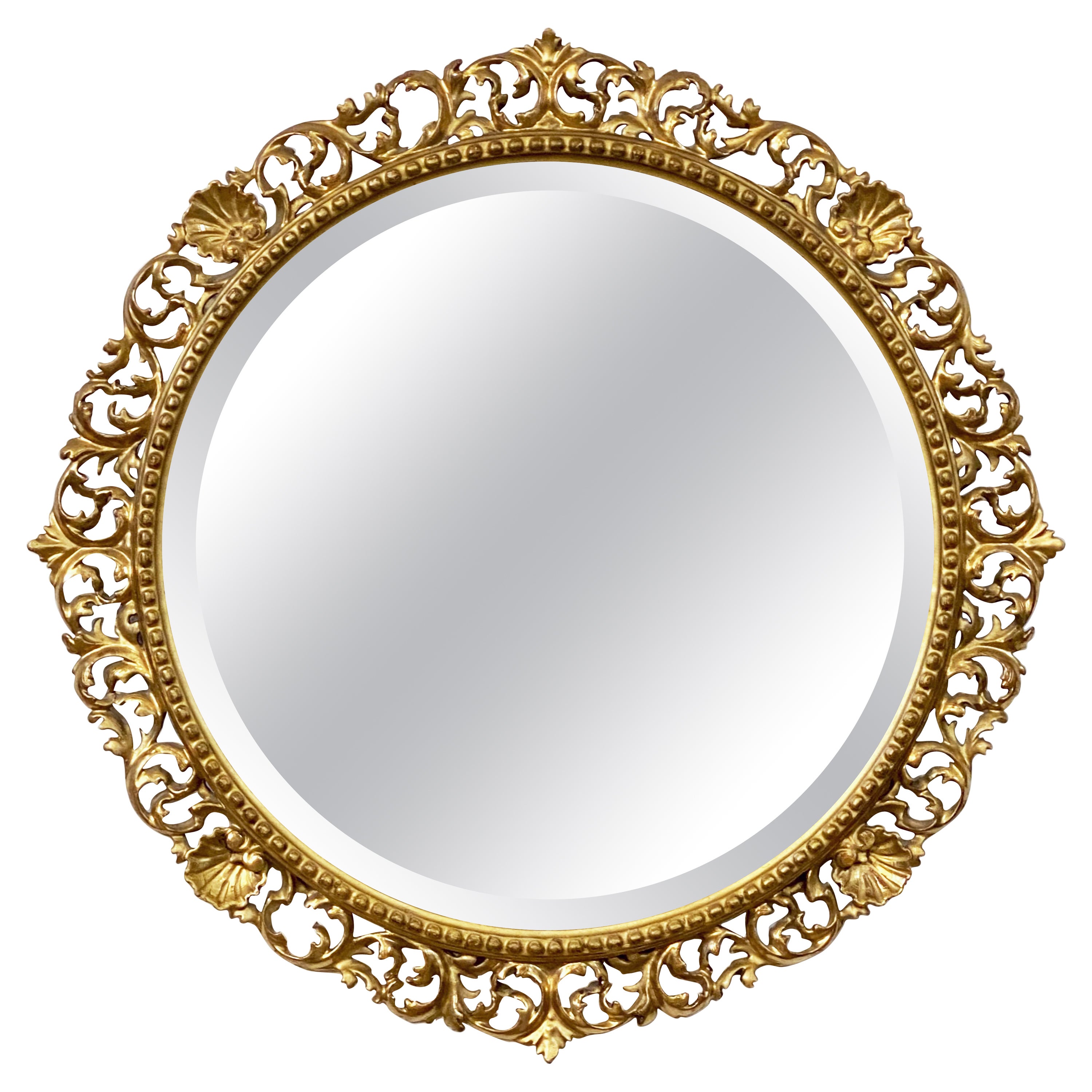 Grand miroir rond biseauté florentin doré italien (diamètre 27)