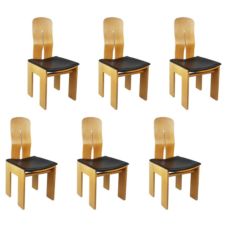 6 Black Leather and Wood M. 1937 765 Dining Chairs by Carlo Scarpa for Bernini For Sale