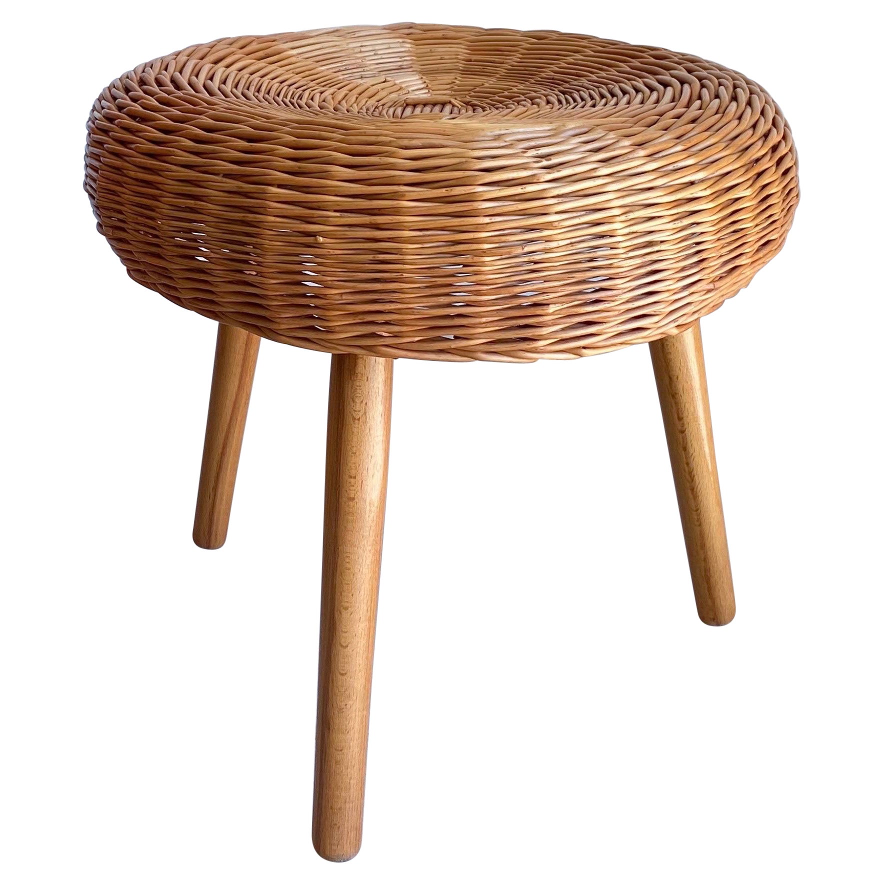 Large Rattan and Wood Stool Attributed to Tony Paul, 1960