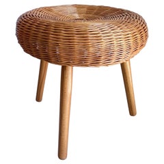 Retro Large Rattan and Wood Stool Attributed to Tony Paul, 1960