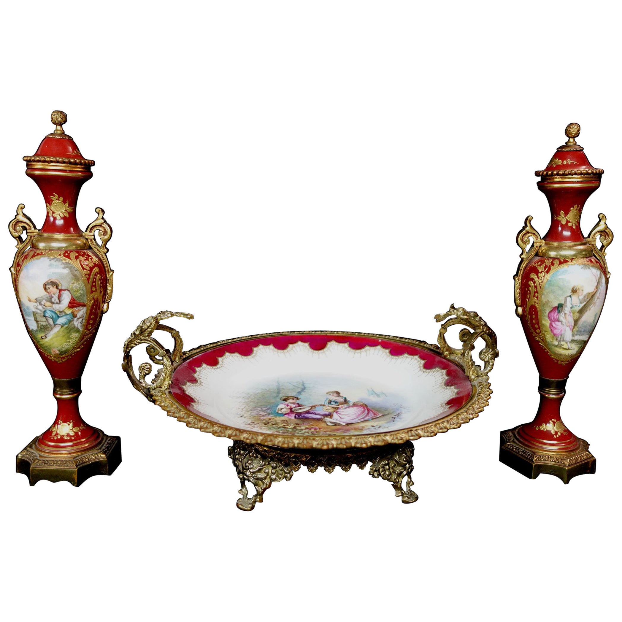 Antique French Ormolu Sevres Style Garniture, 19th Century, Signature and Mark For Sale