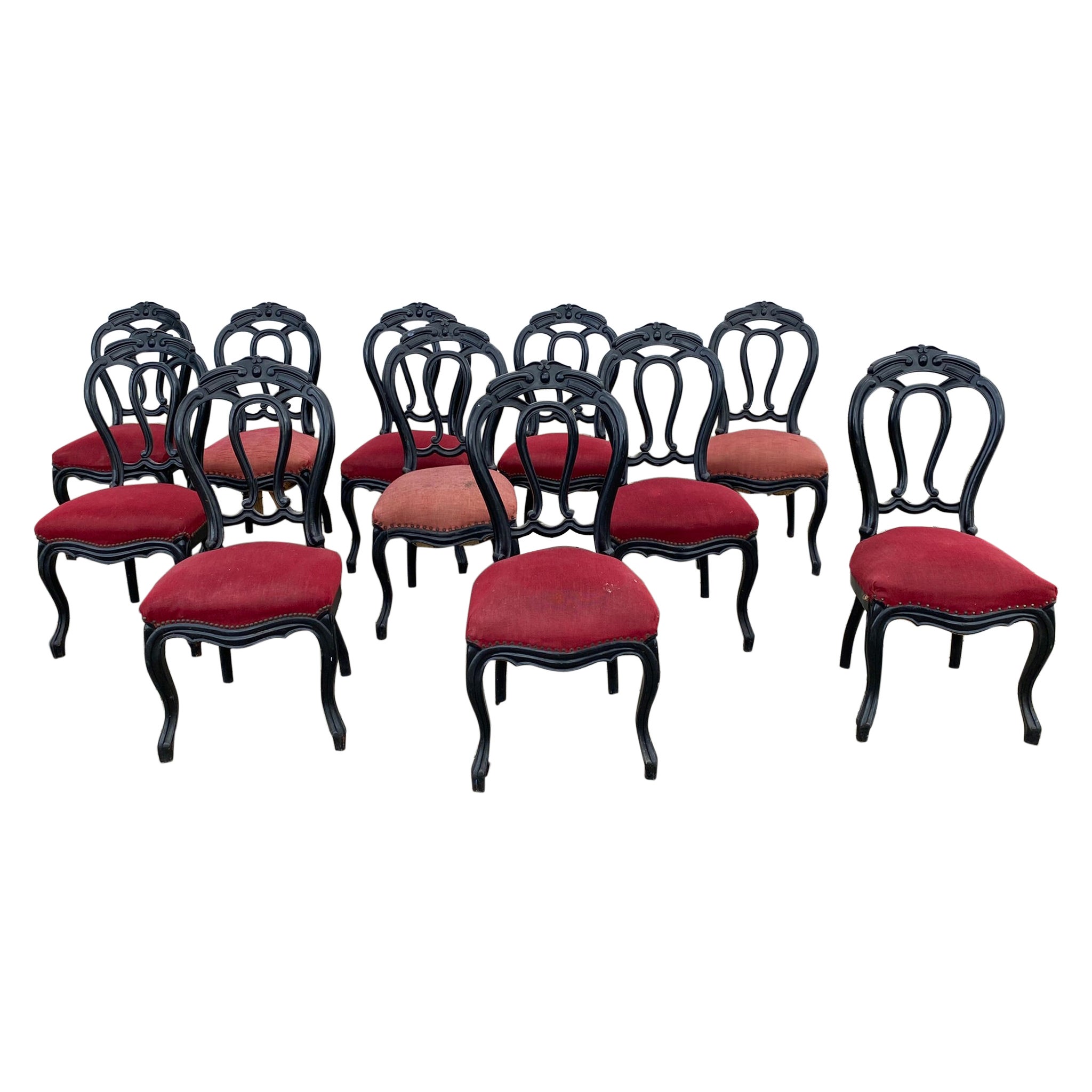 Rare Suite of 9 Napoleon III Period Chairs in Blackened Beech For Sale
