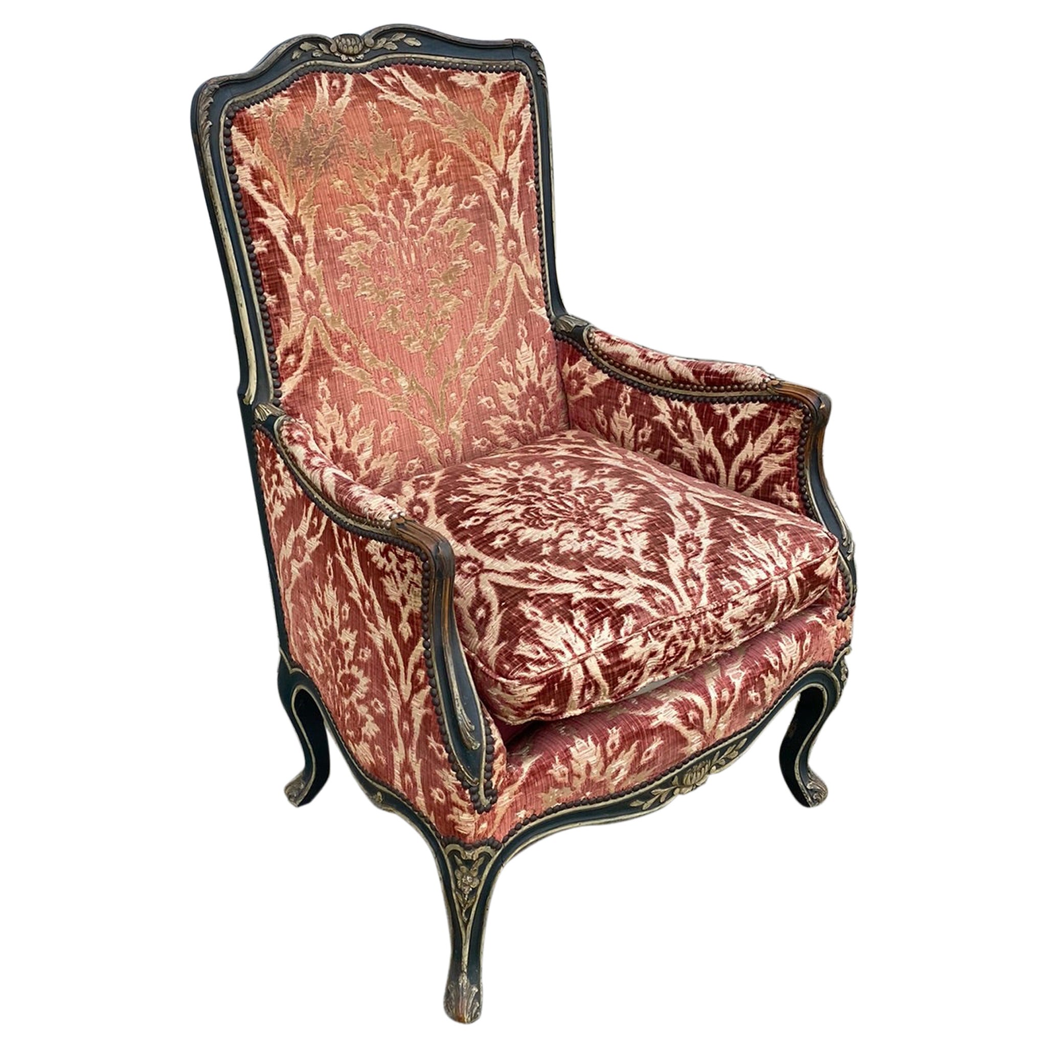 Fauteuil Bergère de style Louis XV, en bois peint et patiné, Napoléon III 