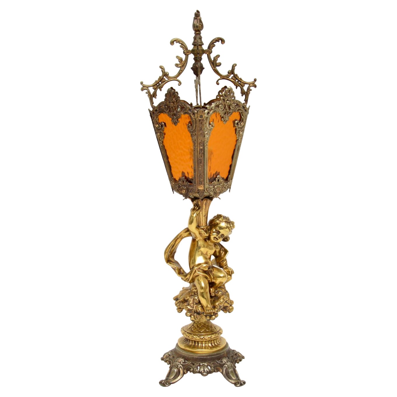 Antike französische Cherub-Lampe aus vergoldetem Metall und Glas