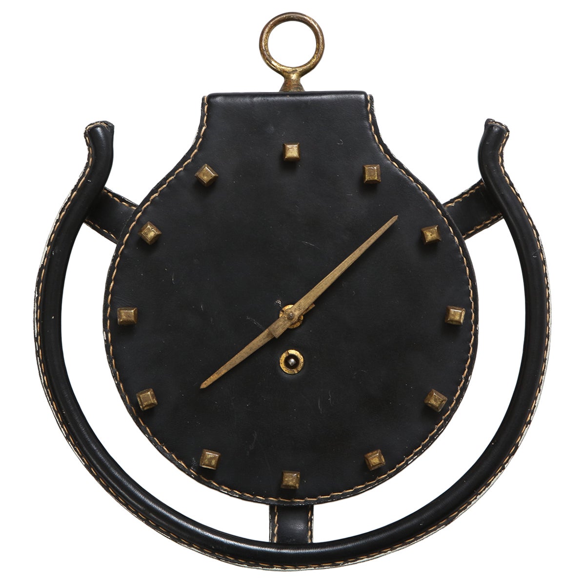 Jacques Adnet Rare Leather and Bronze Horseshoe Wall Clock, France, 1950s