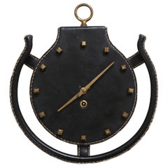 Vintage Jacques Adnet Rare Leather and Bronze Horseshoe Wall Clock, France, 1950s