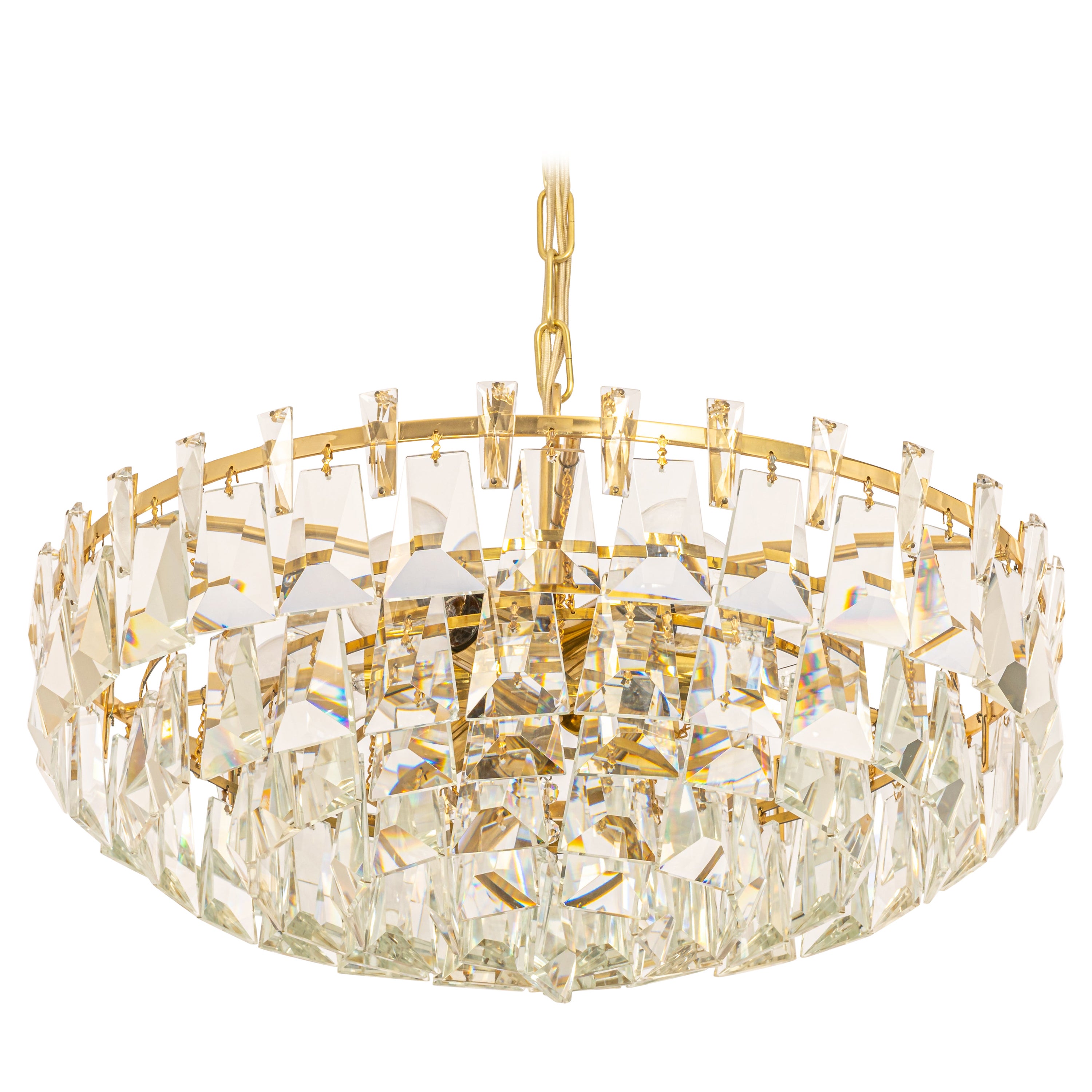 Large Gilt Brass and Crystal Chandelier, by Palwa, Germany, 1970s For Sale