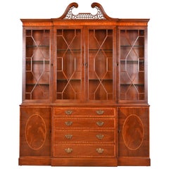 Vintage Baker Furniture Chippendale Banded Mahogany Lighted Breakfront Bookcase Cabinet
