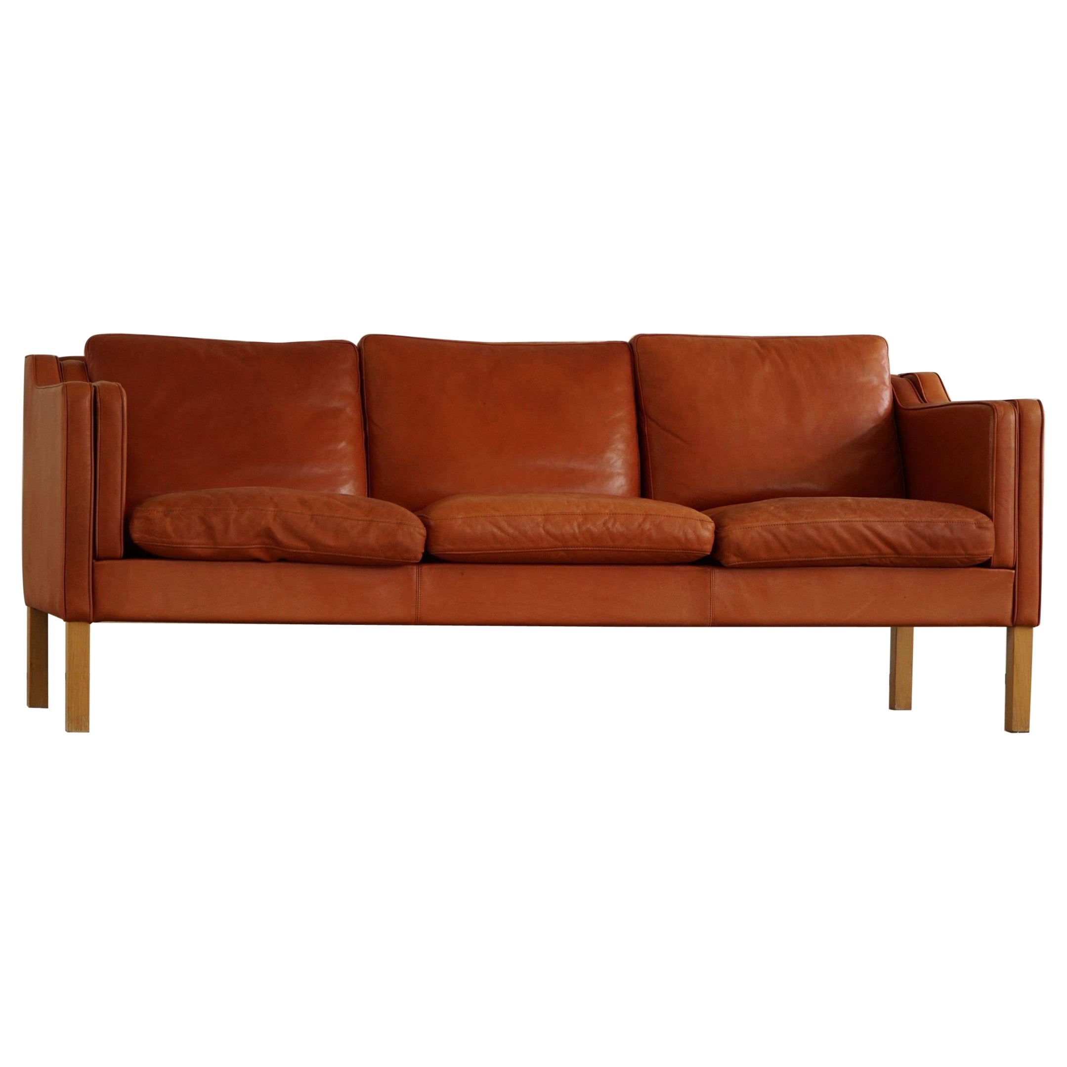 Classic Danish Mid Century Three Seater Sofa in Cognac Leather, Made in 1970s