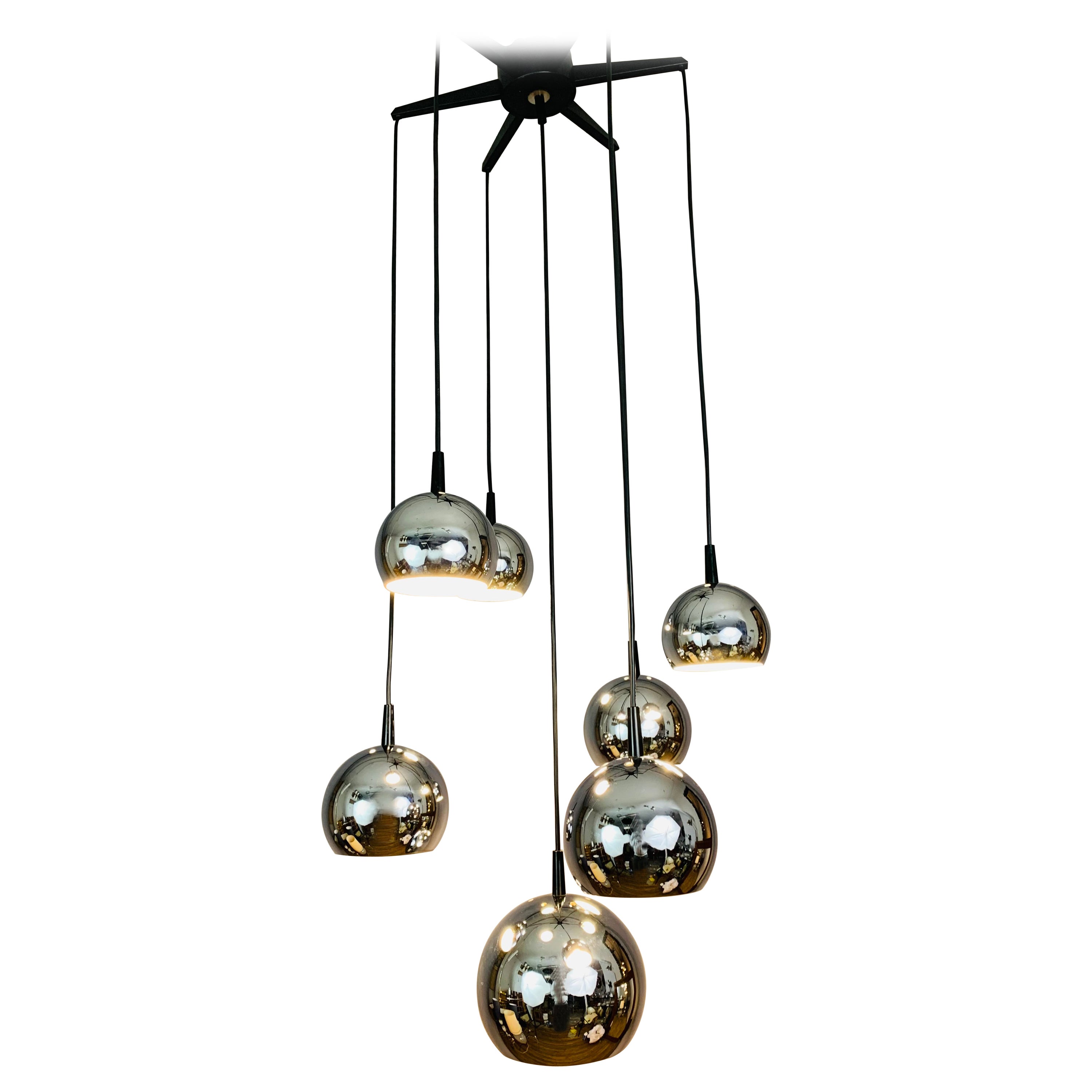 1970s Mid Century Space Age 7 Chrome Ball Cascading Globe Hanging Ceiling Light