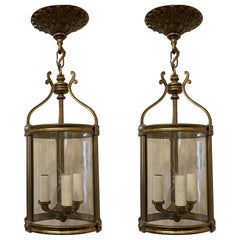 Elegant Pair Petite Bronze Louis XVI Neoclassical Lanterns Fixtures Curved Glass