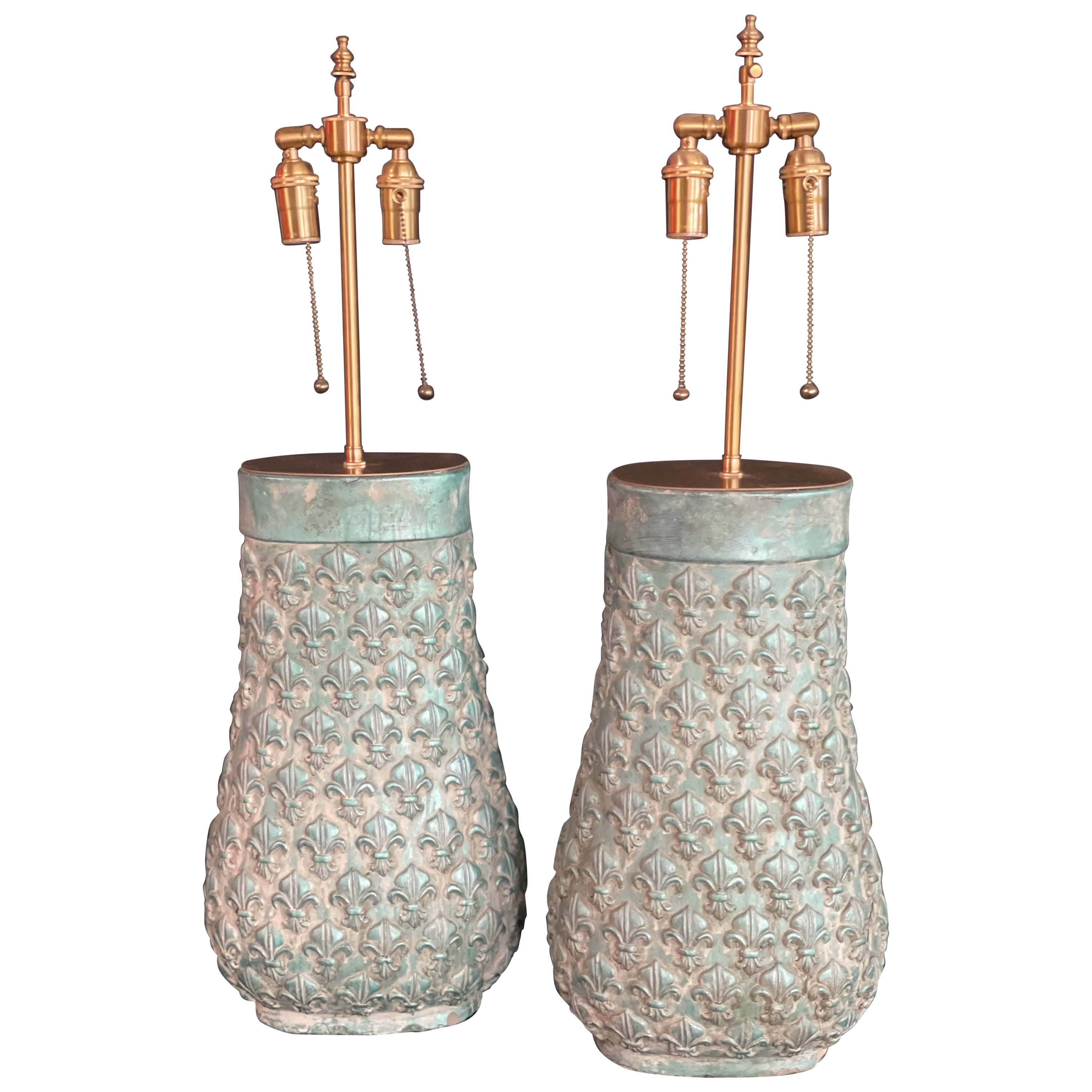 Pair of spectacular French Patinaed Fleur De Lis Gourdes With Lamp application.
