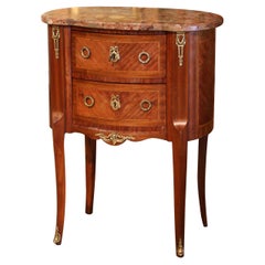Mid-Century French Louis XV Marble Top Walnut Inlaid Commode Chest of Drawers
