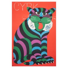 Cyrk Large Stripy Cat 1975 Polish Circus Poster, Hilscher