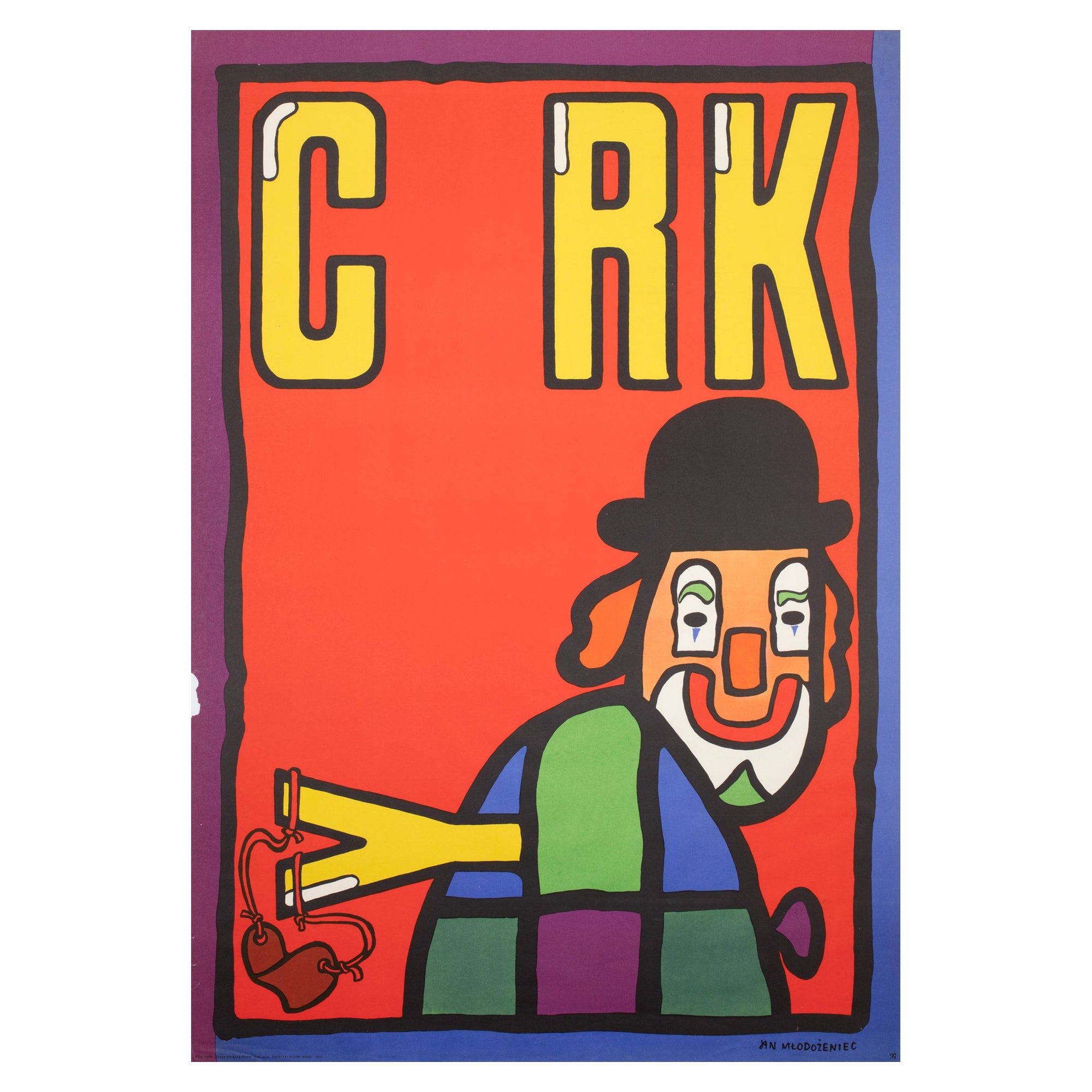 Affiche polonaise du cirque Cyrk Clown With Slingshot 1974, Mlodozeniec en vente