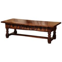 Mid-18th Century Spanish Louis XIII Carved Chestnut Three Drawers Coffee Table