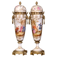Pair of 19th Century French Sevres Style Hand Painted Porcelain and Bronze Urns