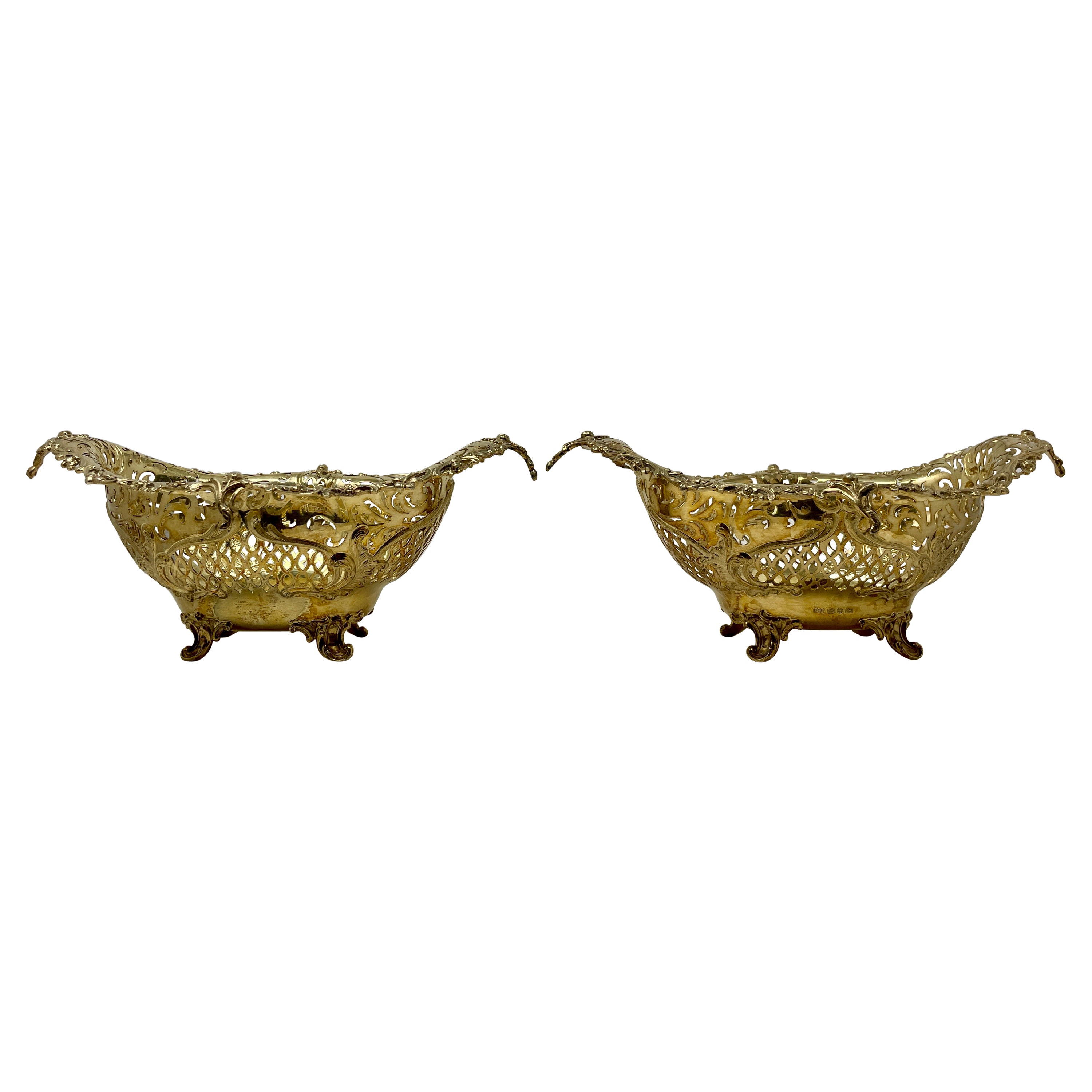 Paire d'anciennes lampes anglaises « Elkington & Co » anglaises Paniers ajourés en argent doré, vers 1890