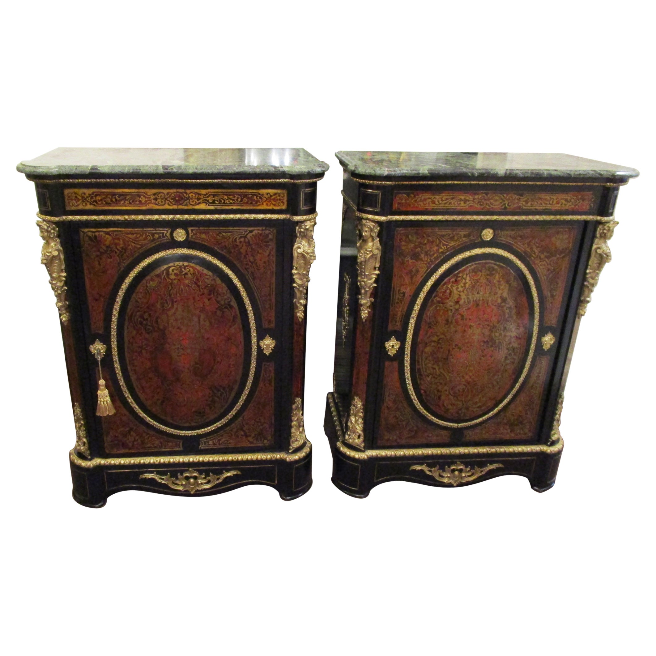 Near Pair of 19th Century French Boulle and Gilt Bronze Marble Top Cabinets