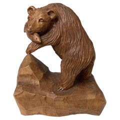 Hand Carved Wood Hunting Bear with Fish Sculpture by Denys Heppell 