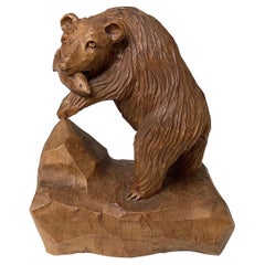 Hand Carved Wood Hunting Bear with Fish Sculpture by Denys Heppell