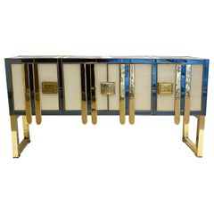 Mid-Century Modern Vintage Italian Aqua Blue Cream Gold Brass Modern Sideboard