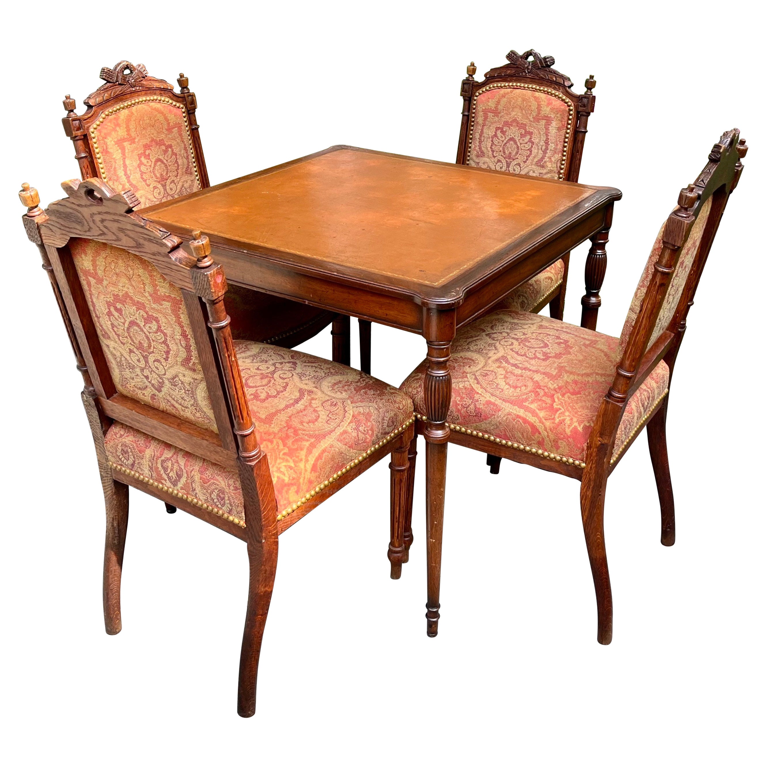 19th Century Set of 4 French Louis XVI Carved Walnut Chairs and Game Table