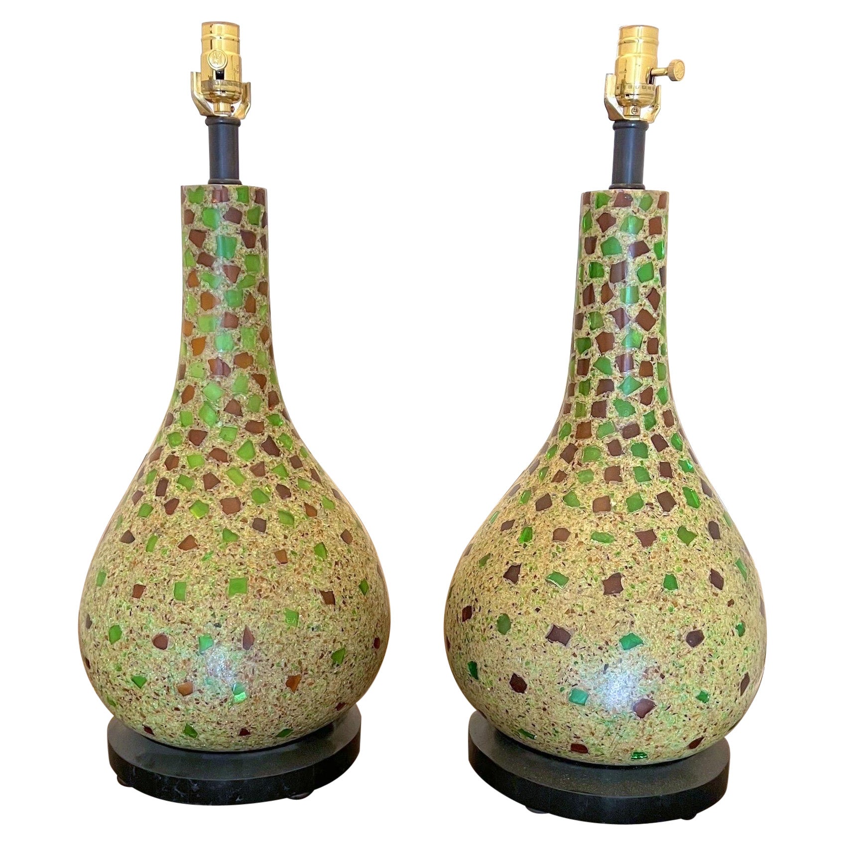 Paire de lampes gourde vintage Maitland and Smith avec incrustation de verre vert 