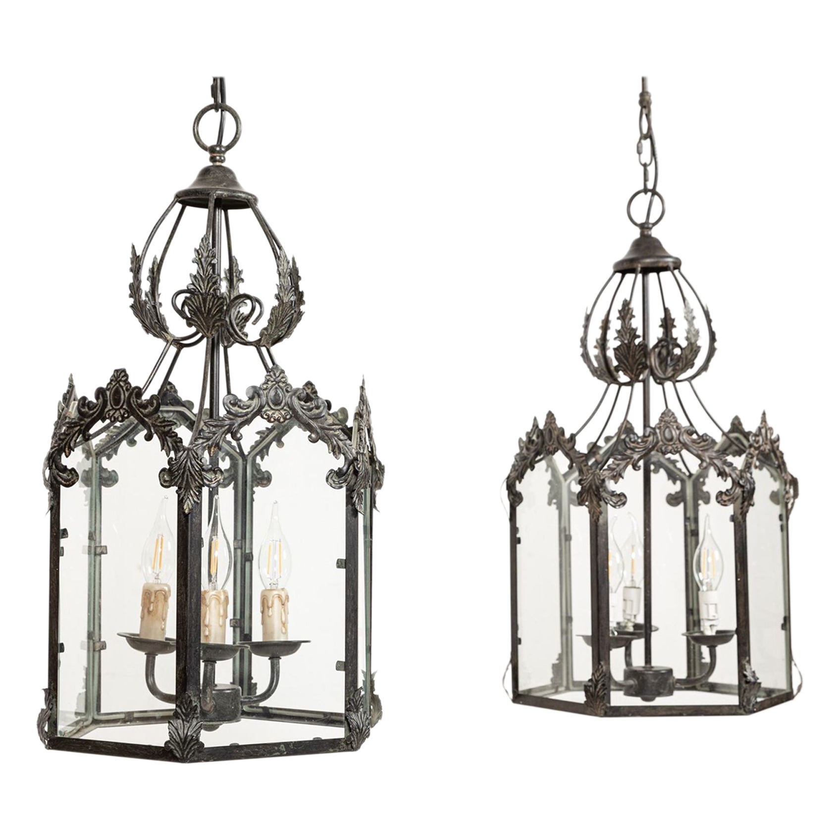 Large Pair Decorative Glazed Hall Lanterns