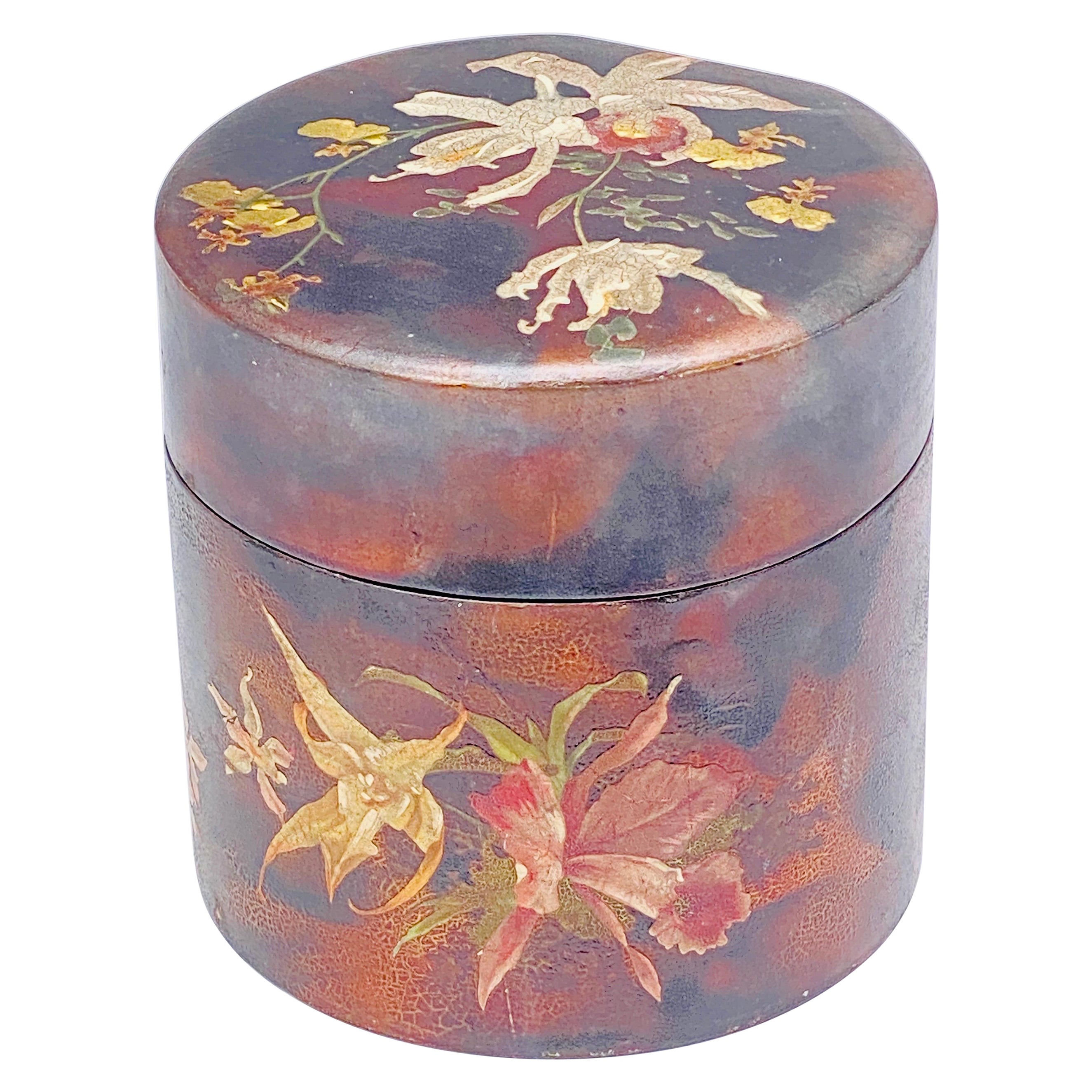 Cylindrical Box, Brown Lacquer Paint with Flower Decoration, Japan, Early 20th For Sale