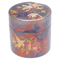 Antique Cylindrical Box, Brown Lacquer Paint with Flower Decoration, Japan, Early 20th