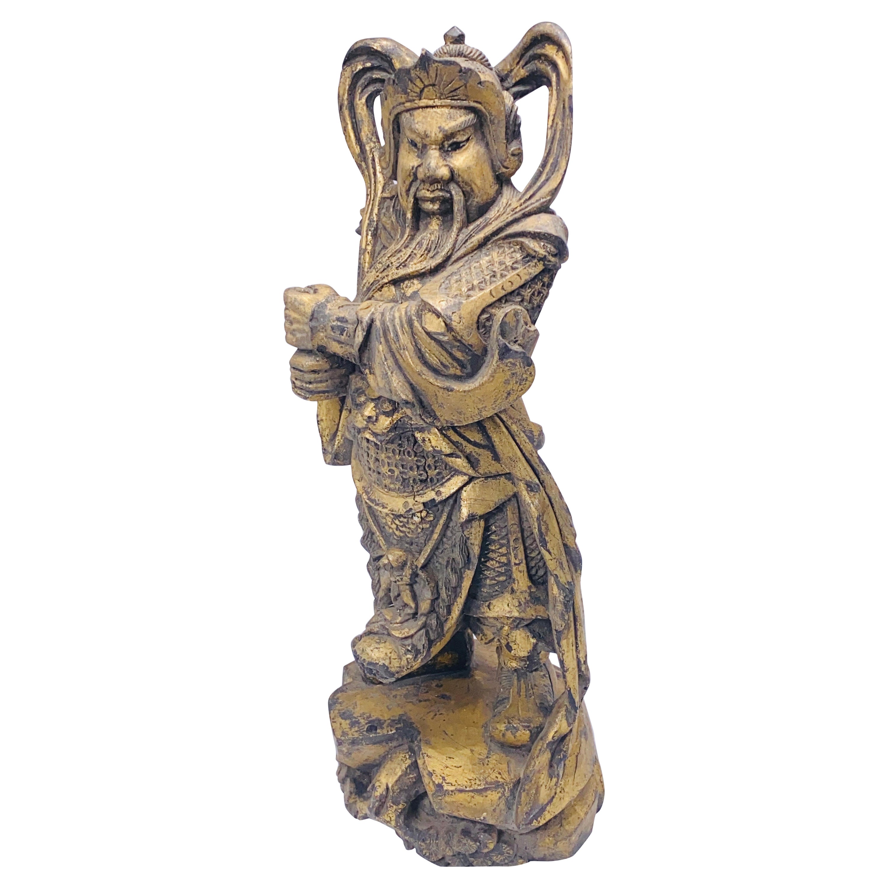 Wooden Samourai Sculpture, Early 20th Century, Gold Color, China For Sale