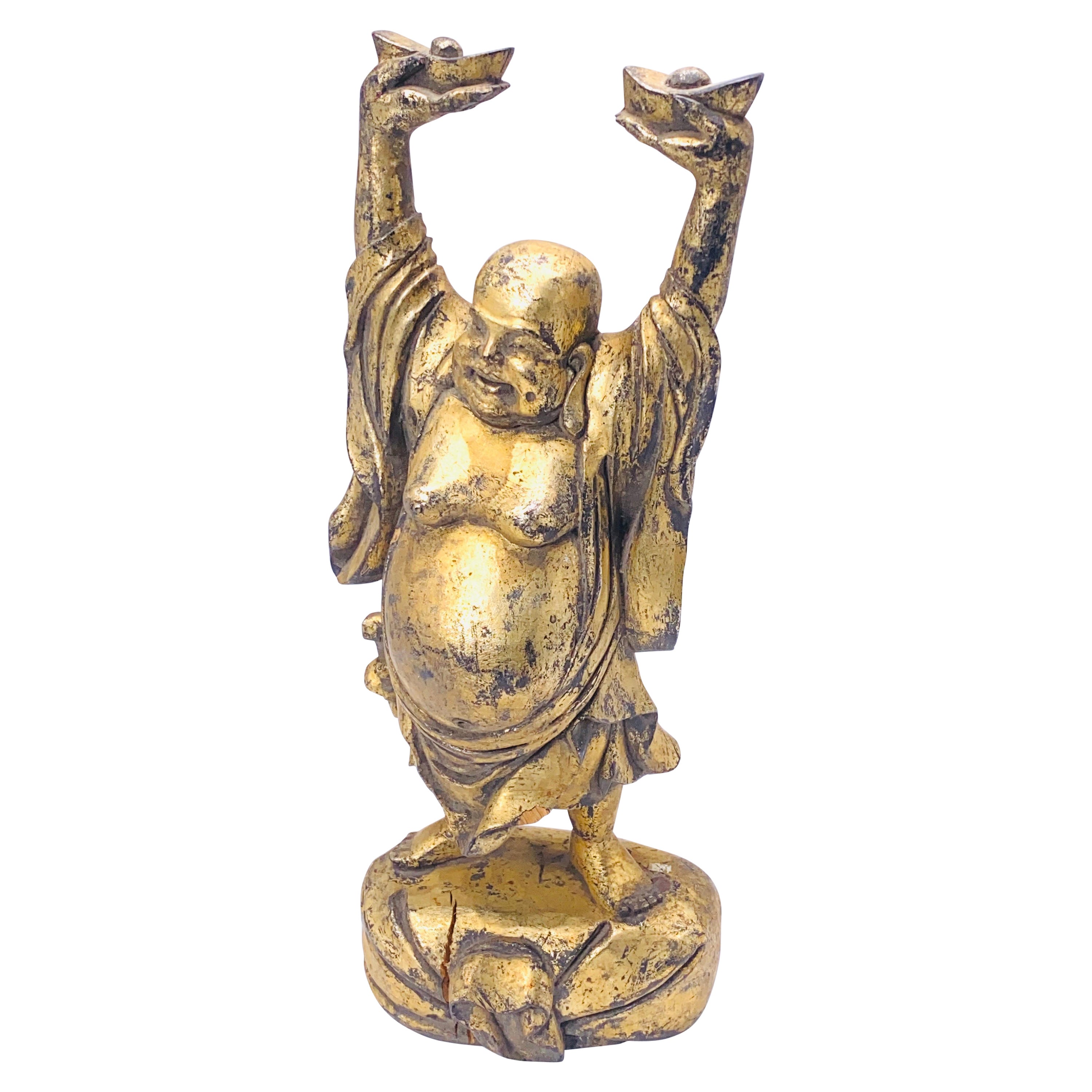 Patinated Wooden Sculpture, Representing Buddha, Early 20th Century, Gilt Color For Sale
