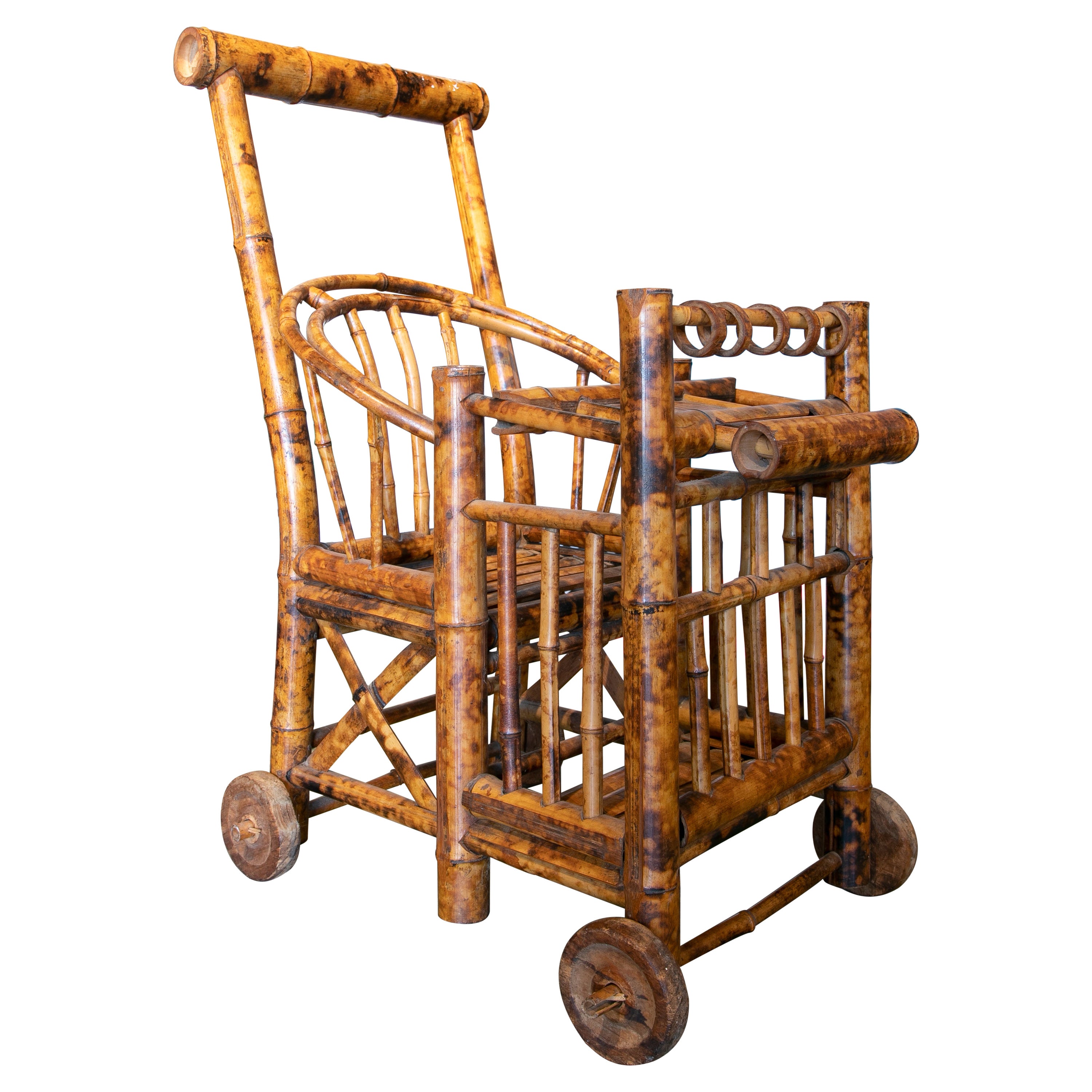 1970s Spanish Bamboo Wheeled Children's Trolley