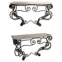 French Pair of Consoles with Iron Base and Spanish Marble Top