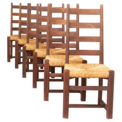 70s Oak and Wicker Brutalist Dining Chair Set/6