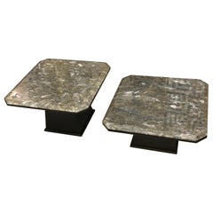 Pair of Coffee Table Resin Top with Silver Leaves Effect, 1980s
