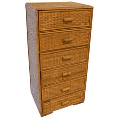 1980s Spanish Bamboo and Wicker Chest of Drawers with Six Drawers`