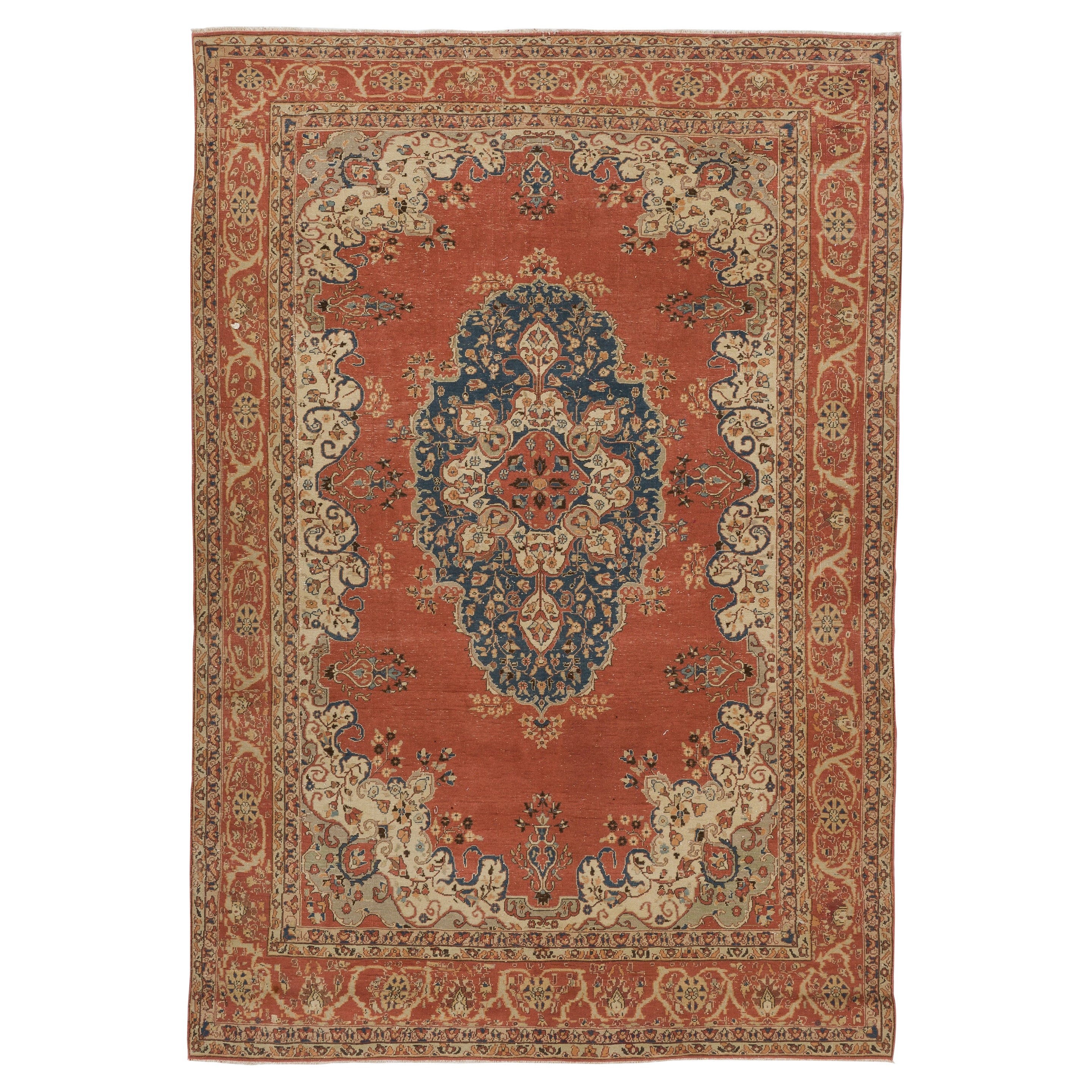 7x10 Ft Fantastic Vintage Turkish Ladik Rug in Brick Red, Blue and Beige Colors