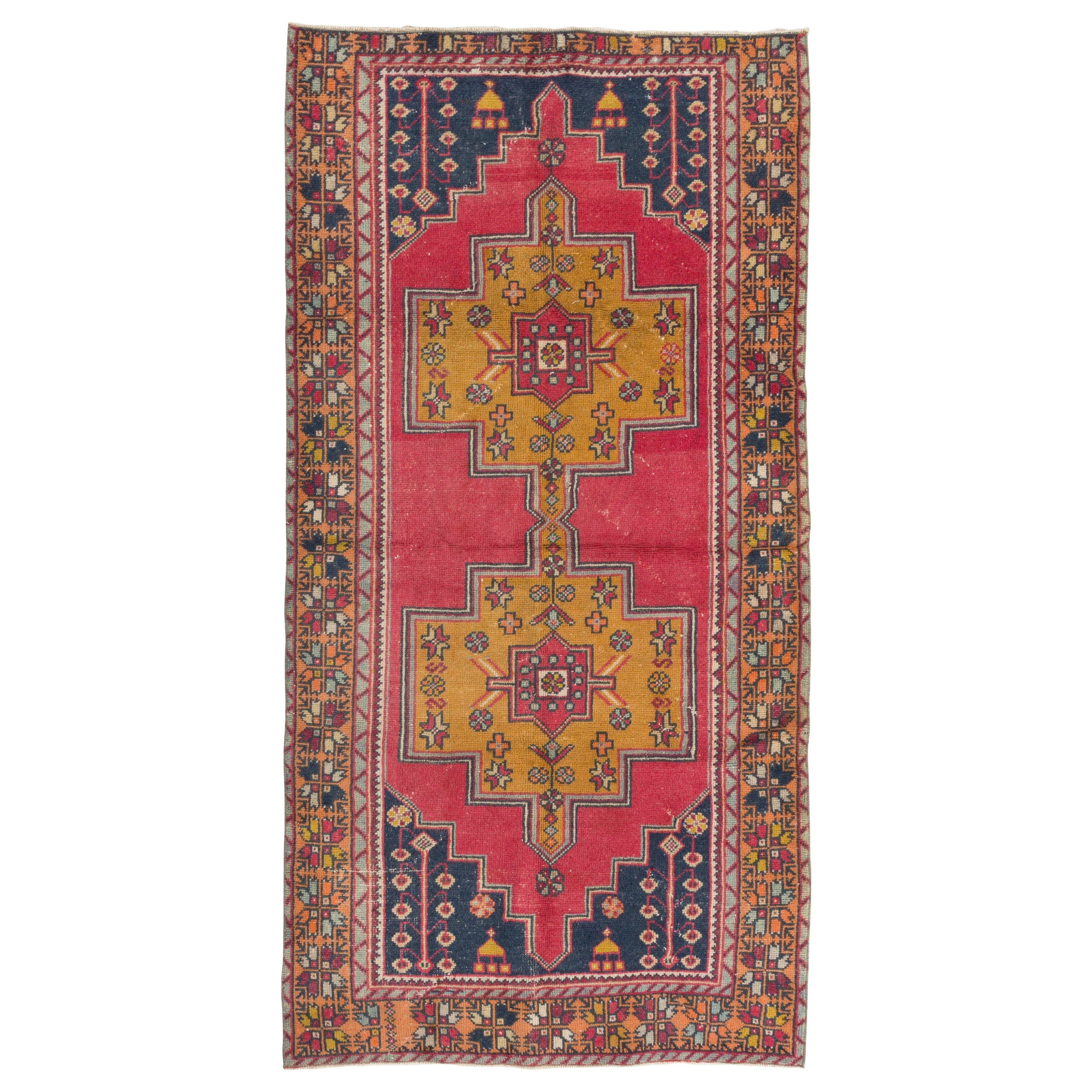 4.2x8.2 Ft Vintage Hand Knotted Turkish Wool Rug, Red, Dark Blue & Yellow Colors For Sale