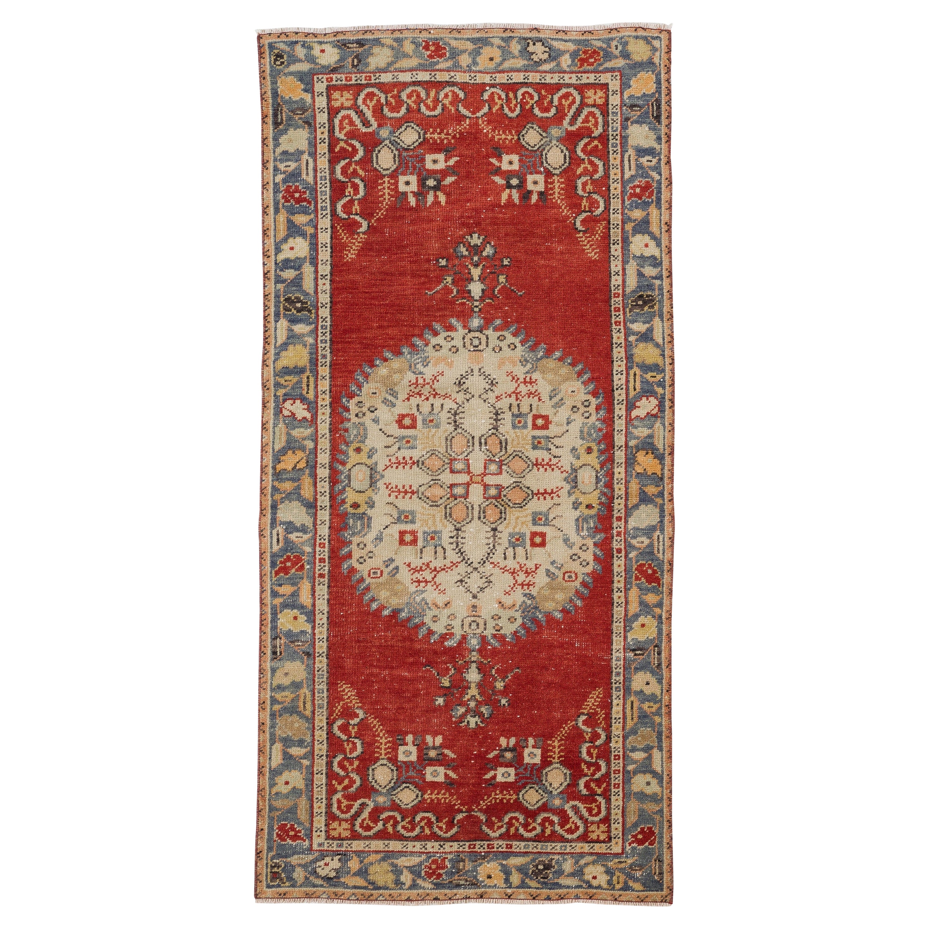 3x6.4 Ft Vintage Handmade Unique Turkish Wool Accent Rug in Red and Ivory