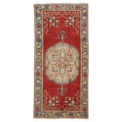 3x6.4 Ft Retro Handmade Unique Turkish Wool Accent Rug in Red and Ivory