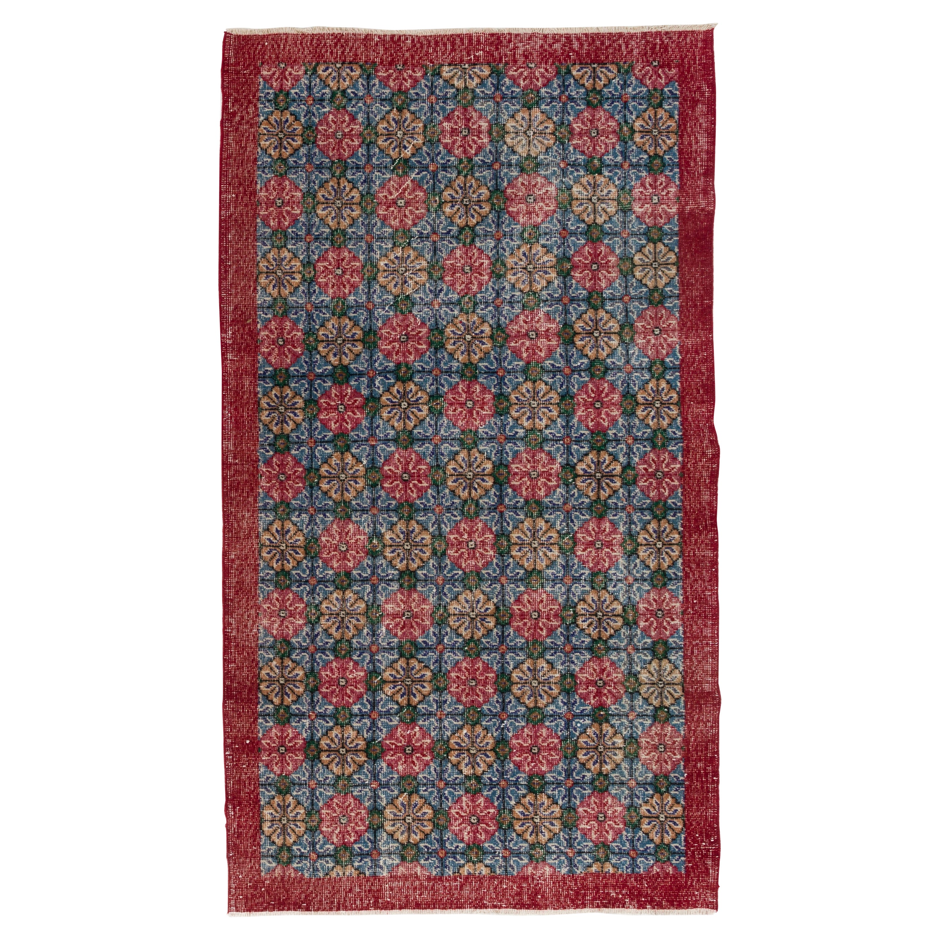 4x7 Ft authentischer handgeknüpfter türkischer Vintage-Teppich mit Blumenakzent in Rot und Blau im Angebot