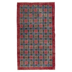 4x7 Ft Authentic Vintage Hand Knotted Turkish Floral Accent Rug in Red and Blue