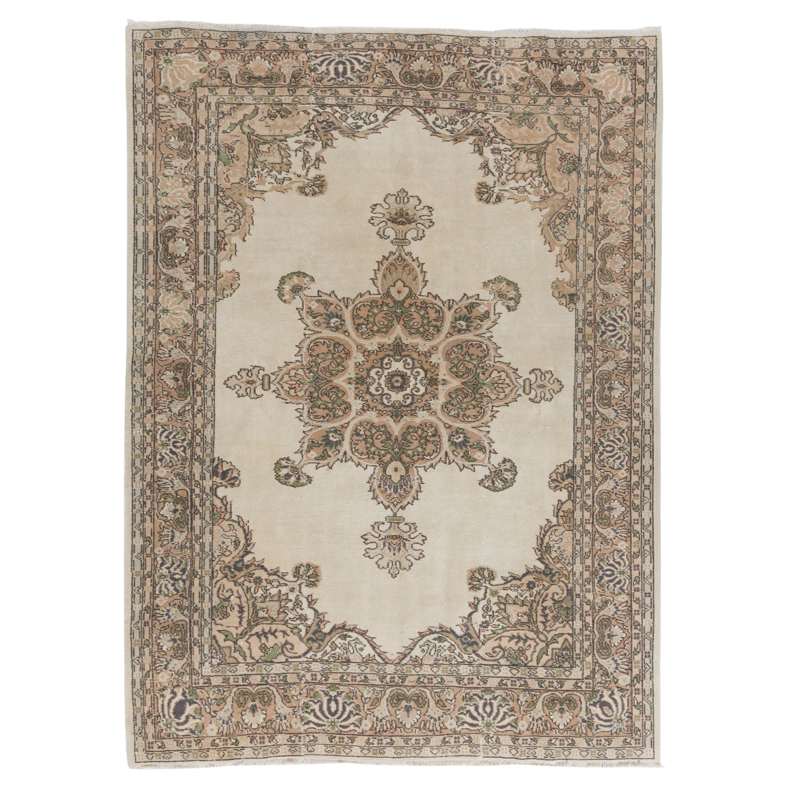 6.6x9 Ft Vintage Hand Knotted Anatolian Oushak Area Rug in Soft Earthy Colors For Sale