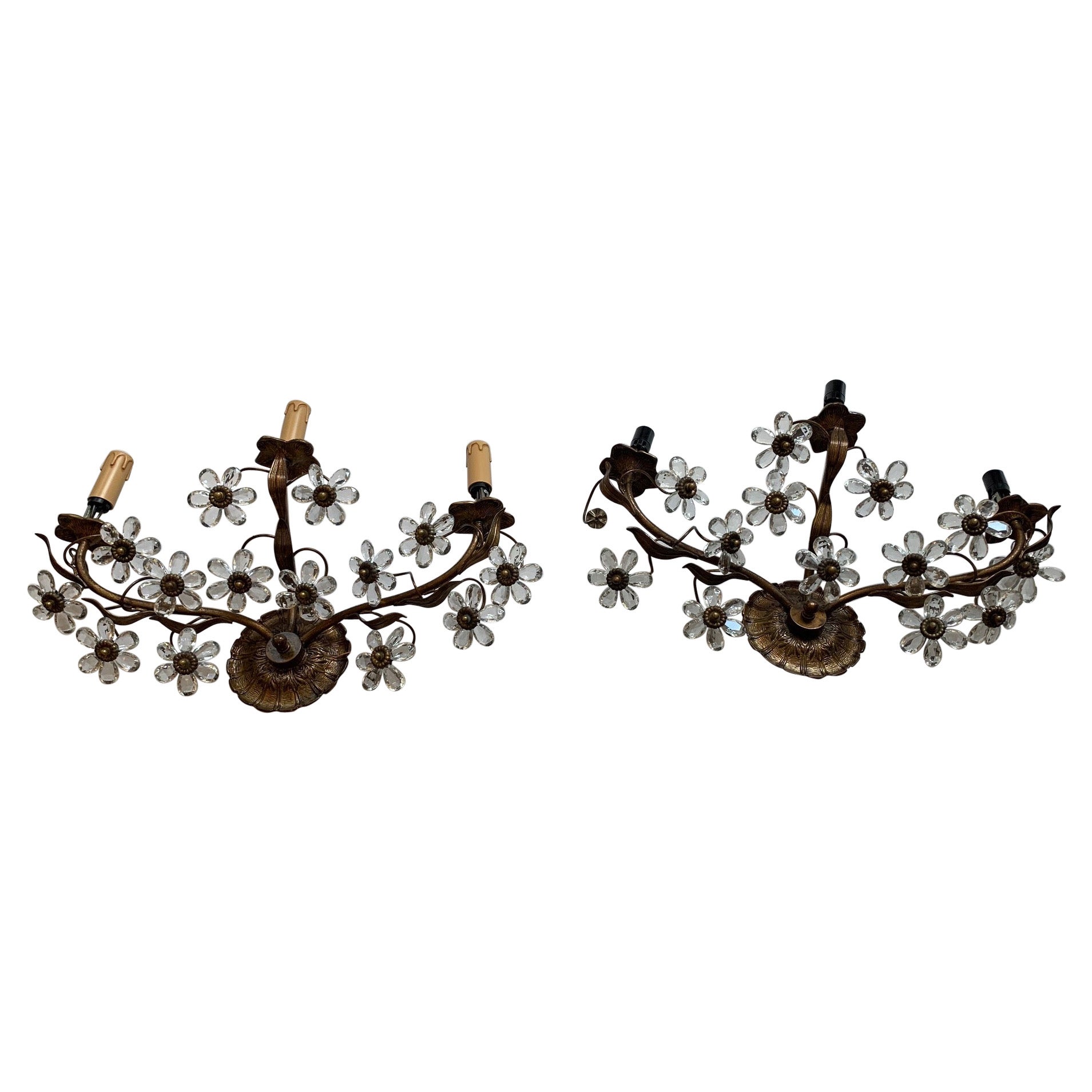 Whimsical Pair of Italian 3 Arm Sconces Encrusted with Crystal Flowers For Sale