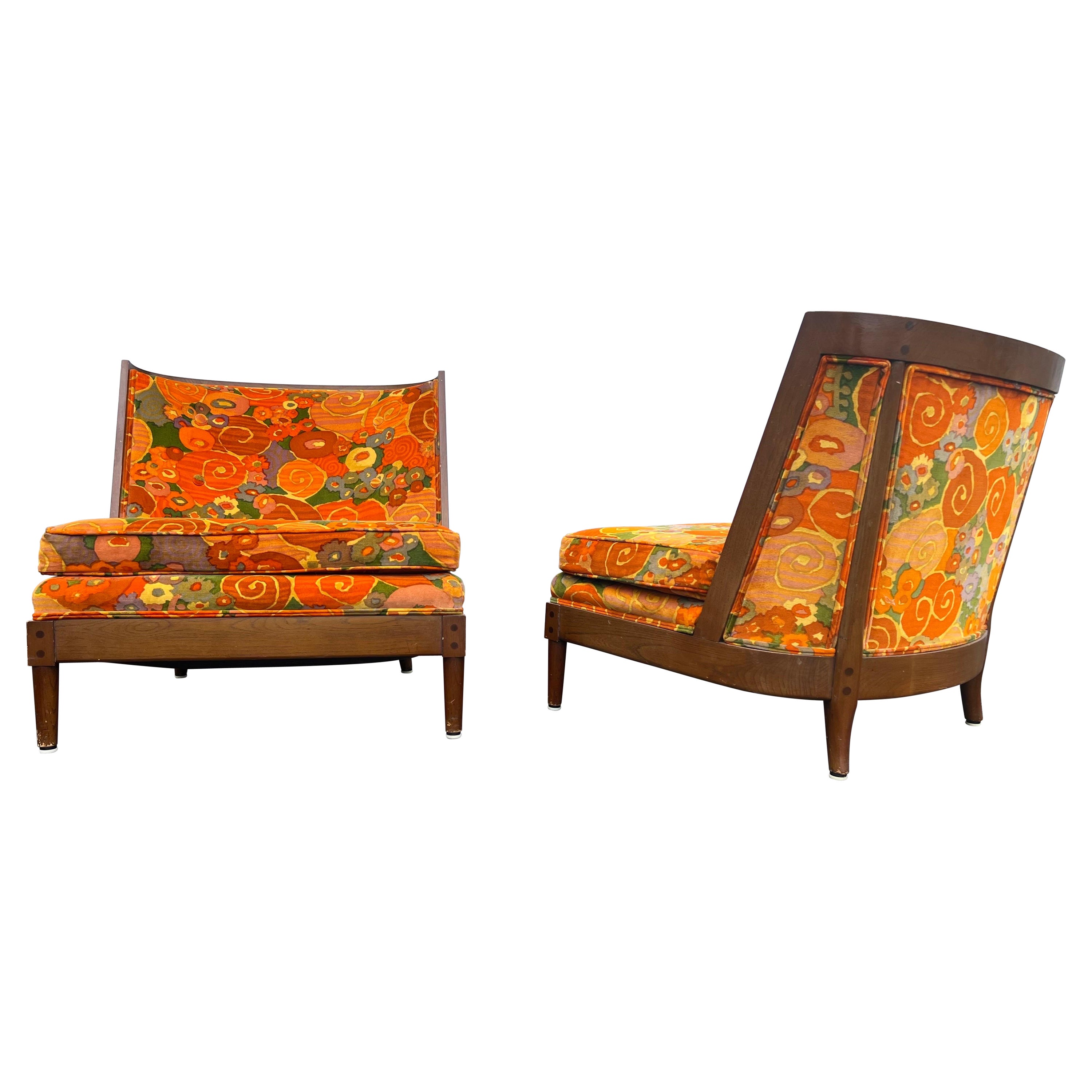 Pair of Mid-Century Modern Slipper Chairs with Jack Lenor Larsen Fabric