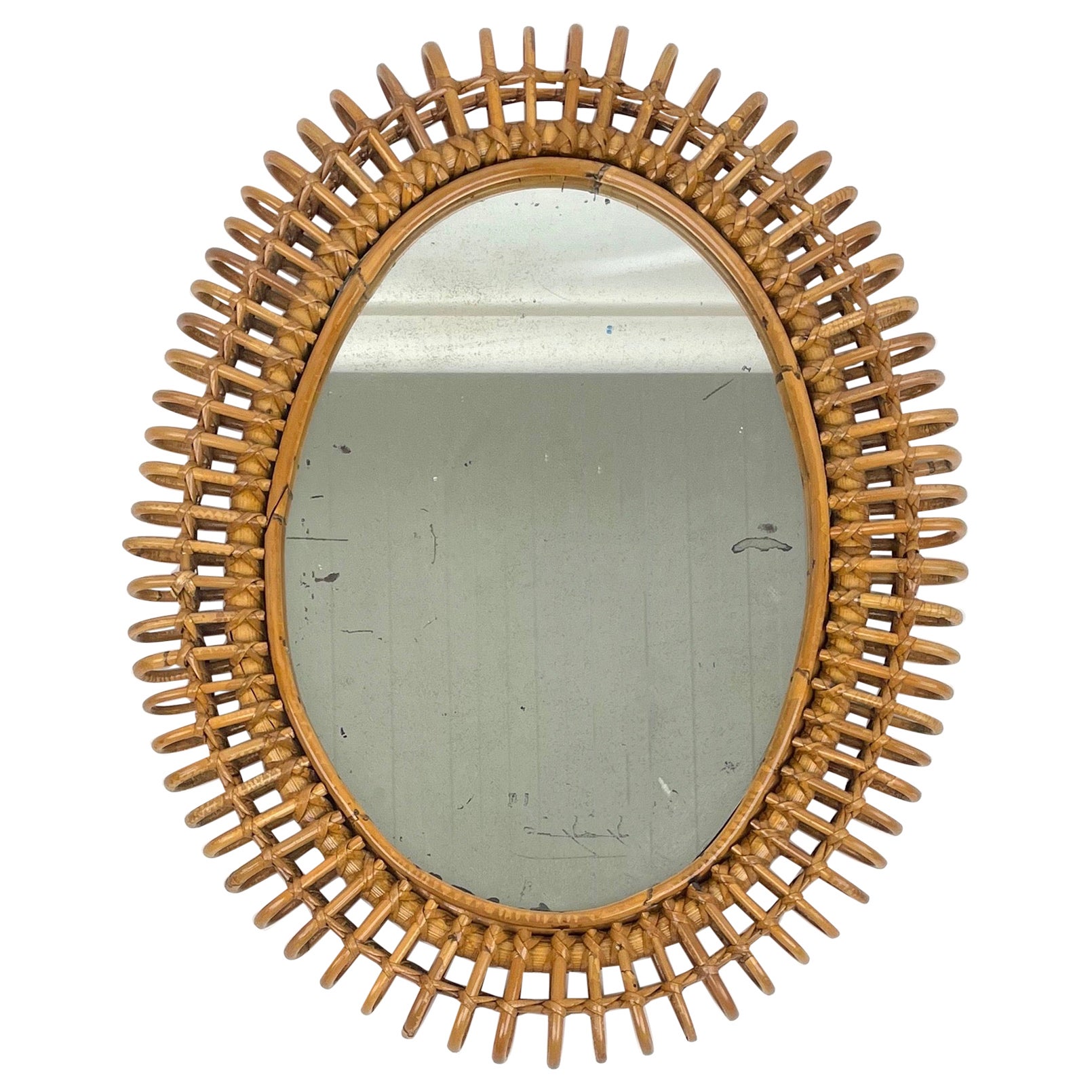 Midcentury Rattan & Bamboo Oval Wall Mirror, Italy, 1960s