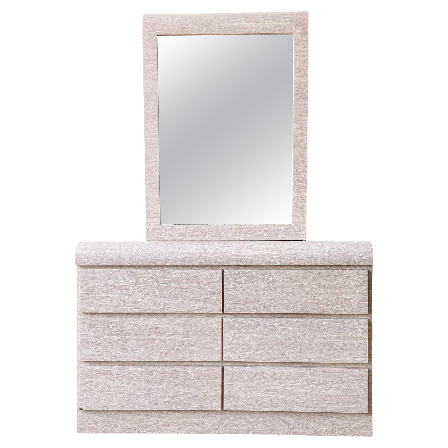 Postmodern Faux Marble Waterfall Dresser with Mirror