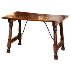 18th Century Spanish Carved Walnut Desk Writing Table with Iron Stretcher